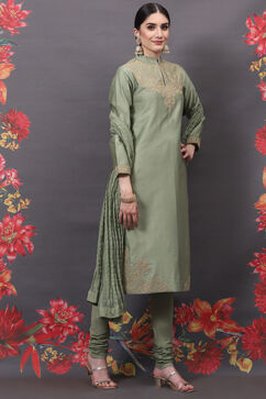 Rohit Bal Jade Green Cotton Silk Straight Embroidered Suit Set image number 5