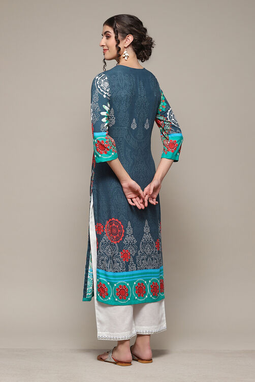 Chalky Teal LIVA Straight Printed Kurta image number 4