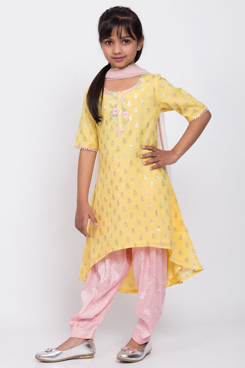 Yellow Poly Cotton A-Line Kurta Salwar Suit Set image number 2