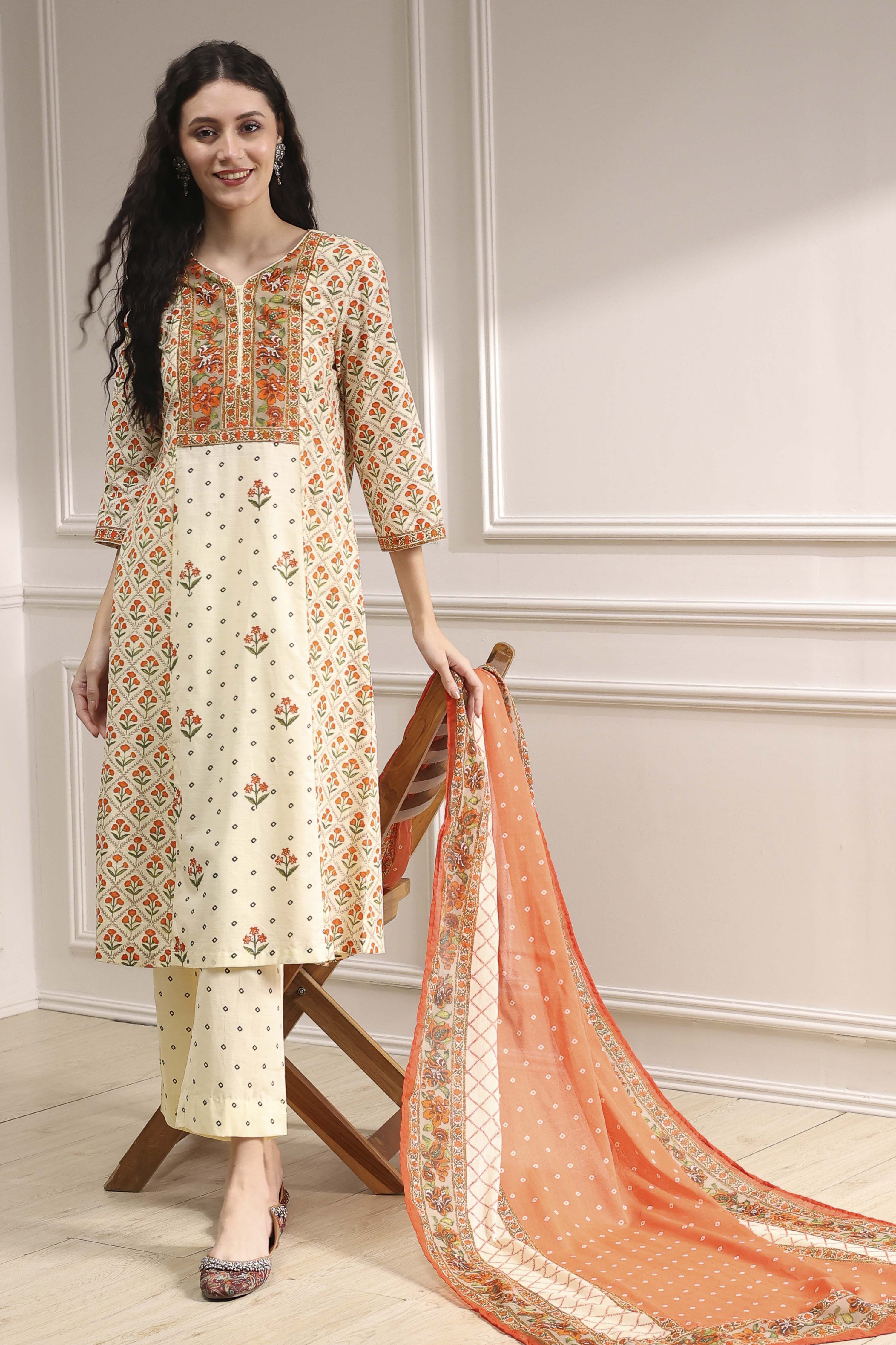 Beige Cotton Printed A-Line Suit Set image number 0