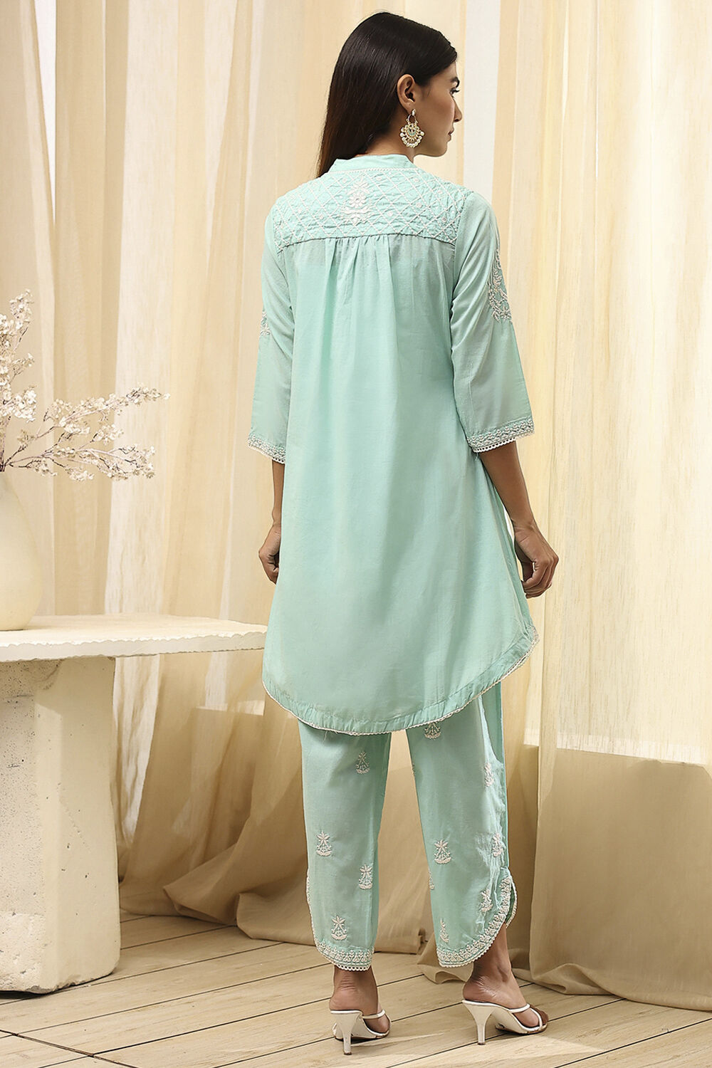 Aqua Cotton Embroidered Straight Kurta Set image number 6