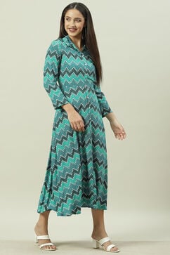 Green Turquoise Rayon A-Line Printed Dress image number 2