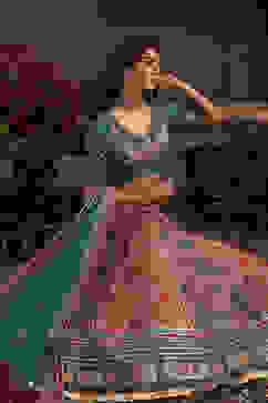 Turquoise Hand Embroidered Flared Lehenga Set image number 6