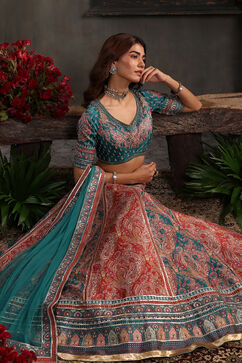 Turquoise Hand Embroidered Flared Lehenga Set image number 6