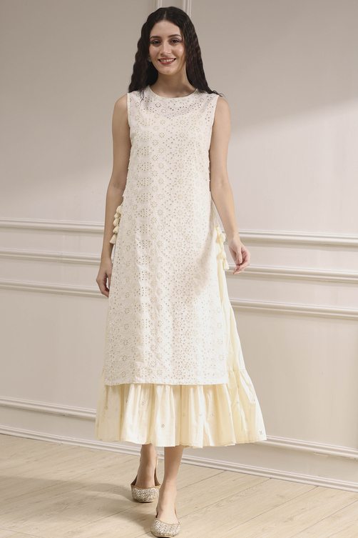 Off White Cotton Layered Suit Set image number 5