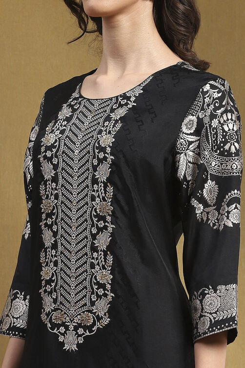 Black Viscose Blend Yarn Dyed Festive Straight Suit Set image number 1