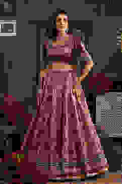 Purple Hand Embroidered Flared Lehenga Set image number 6