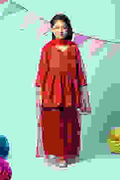 Red Nylon Flared Kurta Sharara Suit Set image number 7