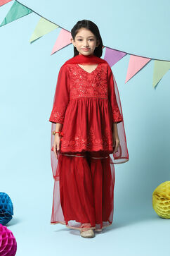 Red Nylon Flared Kurta Sharara Suit Set image number 7