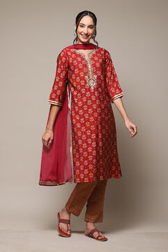 Green & Maroon Modal Blend Straight Kurta Pant Suit Set image number 6