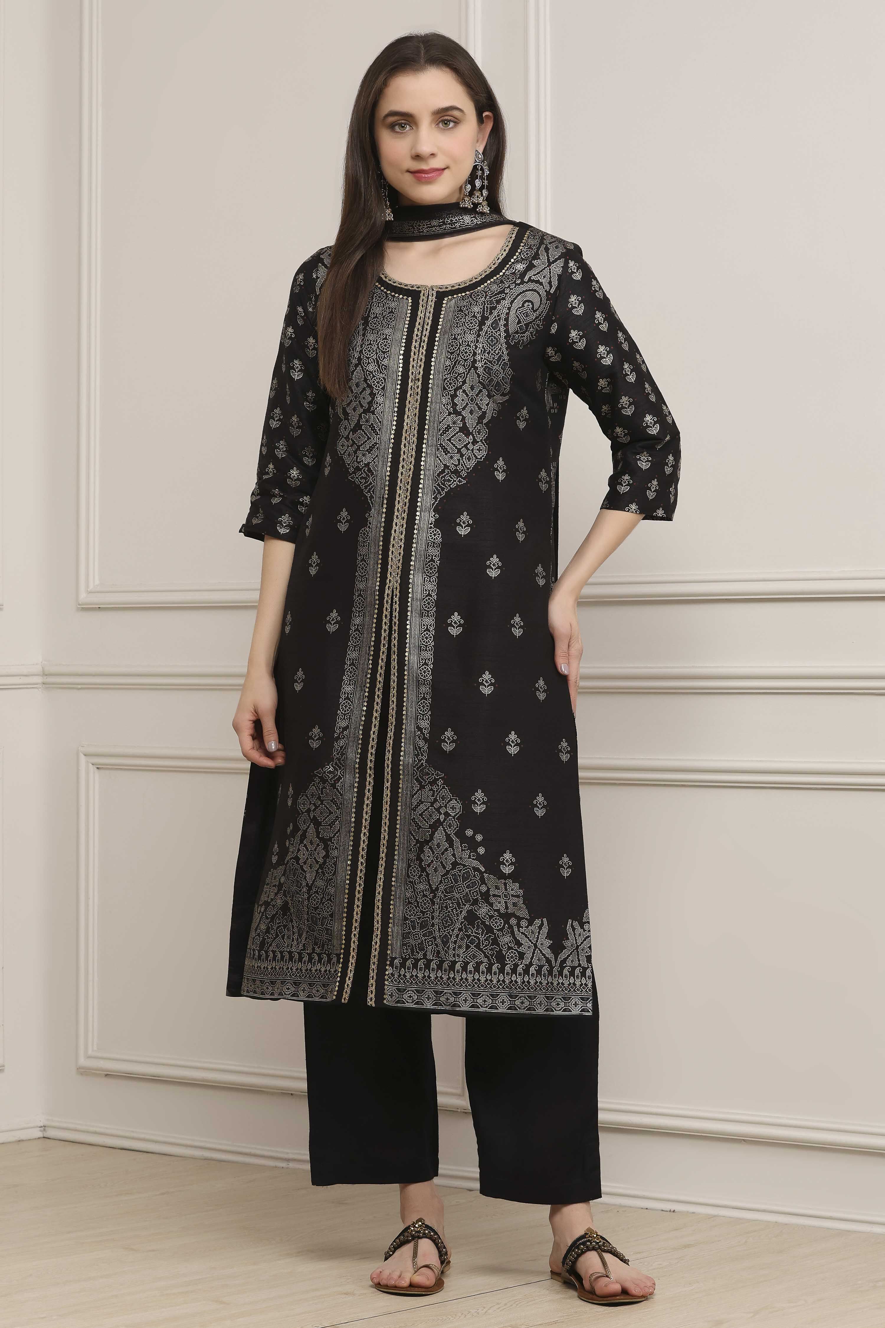 Black Poly Dupion Straight Suit Set image number 6