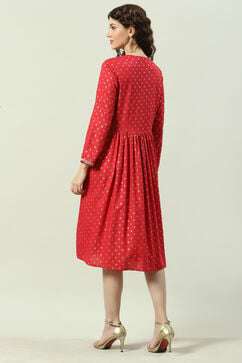 Red Rayon Flared Printed Kurta Dress image number 4