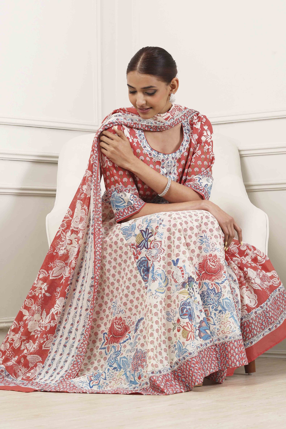 Red and White Cotton Printed Anarkali Suit Set