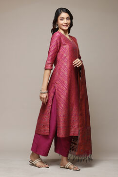 Fuschia Cotton Blend Straight Yarndyed Kurta Suit Set image number 6