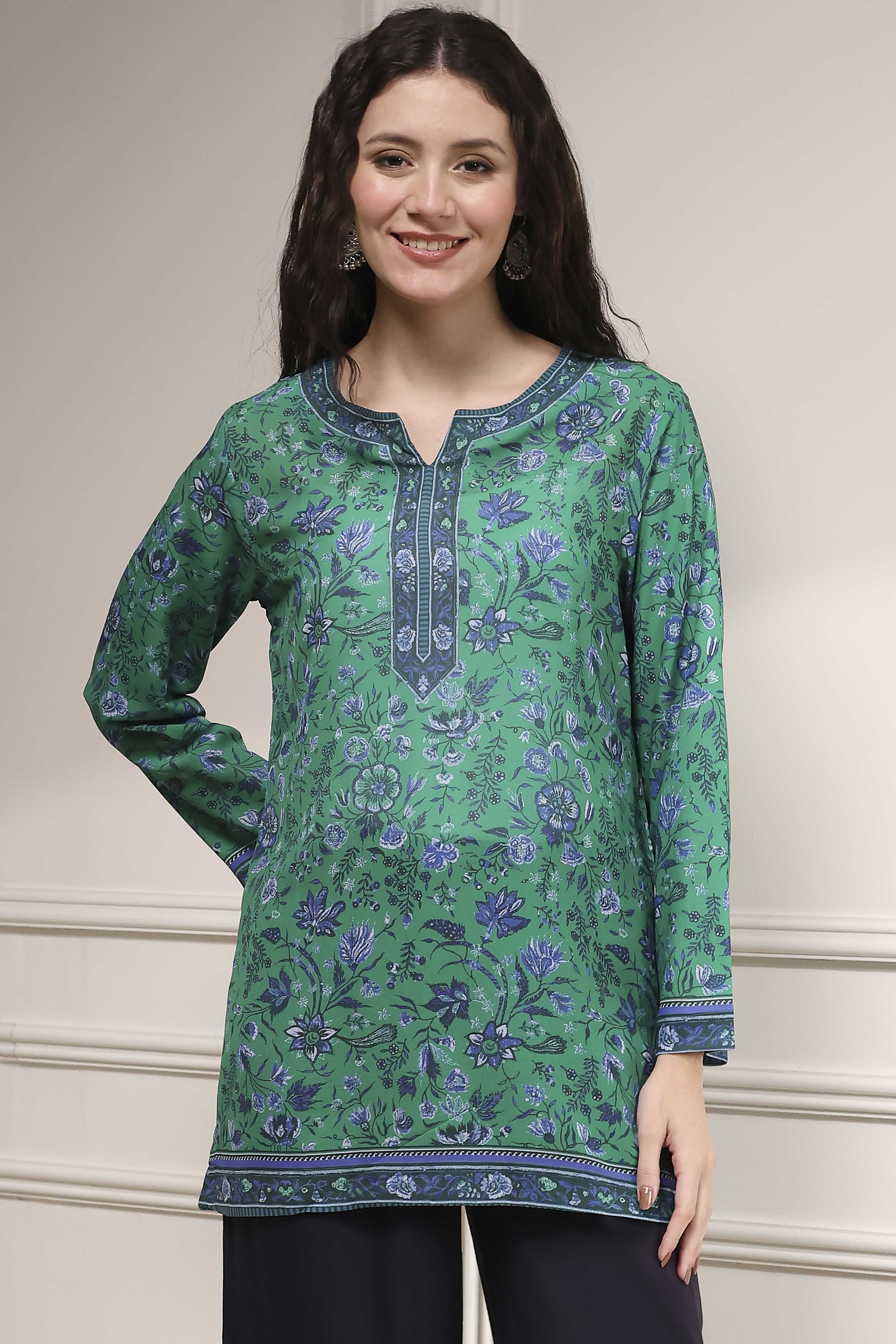 Turquoise Polyester Straight Printed Short Kurta image number 5