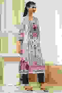 Off-White and Pink Cotton Straight Kurta image number 4