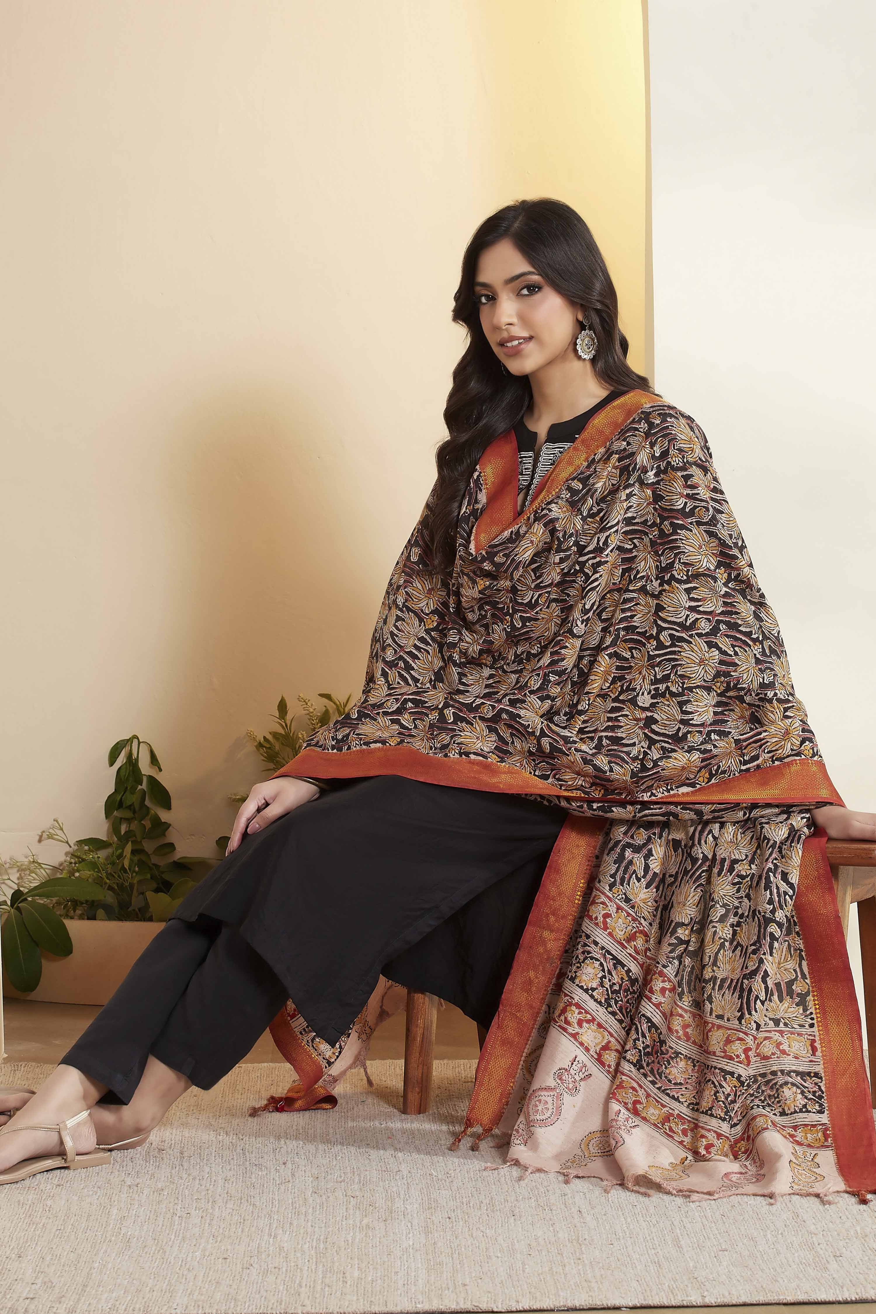 Black Chennur Silk Printed Dupatta image number 0