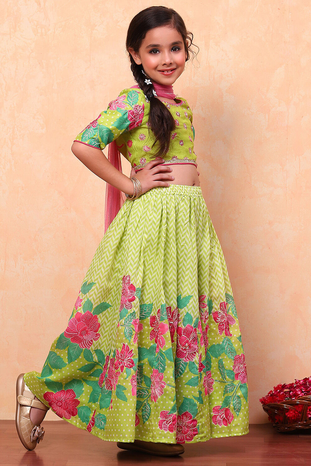 Lime Green Poly Chanderi Floral Printed Lehenga Set image number 3