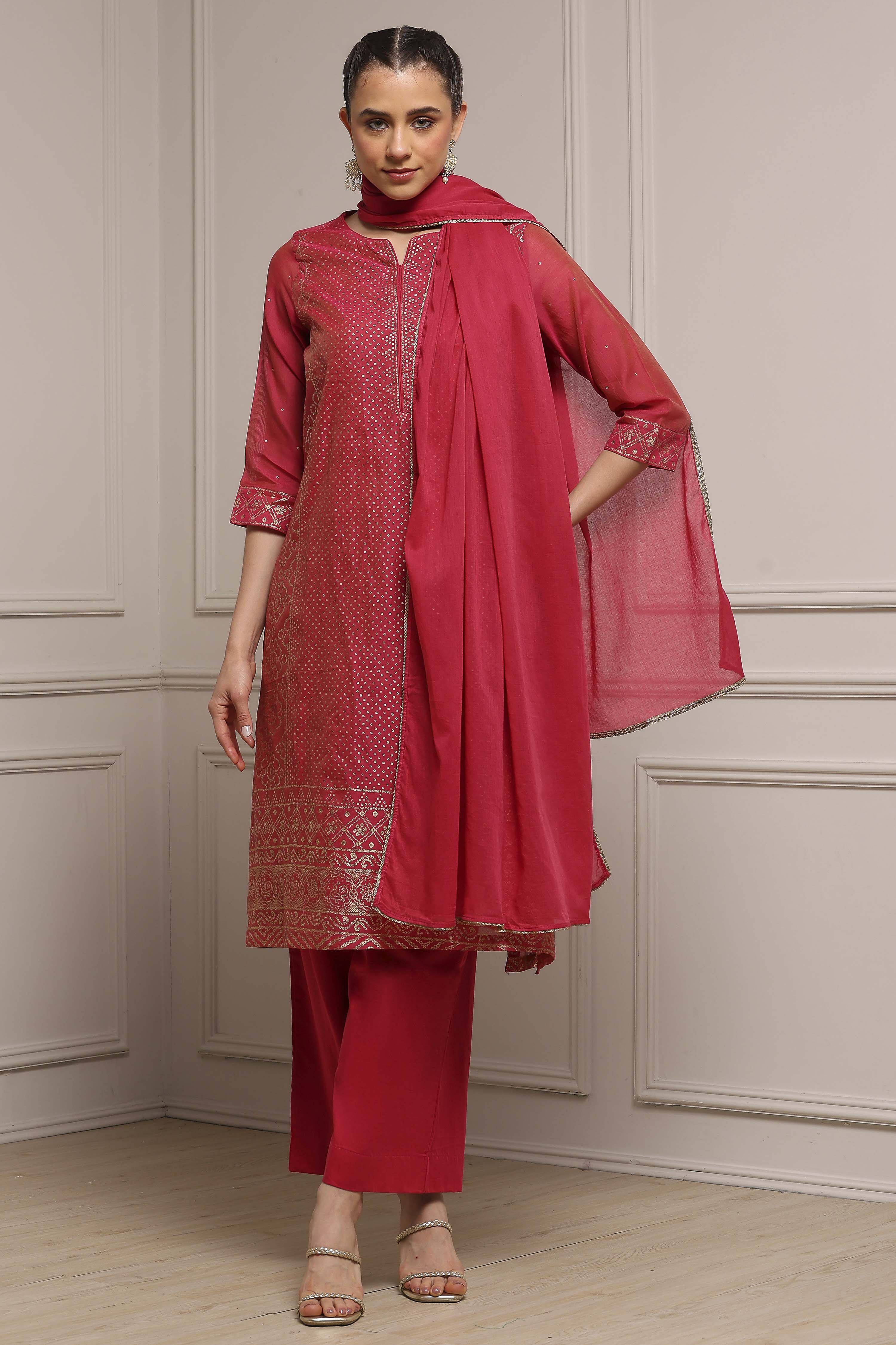 Pink Cotton Blend Printed Straight Suit Set image number 0