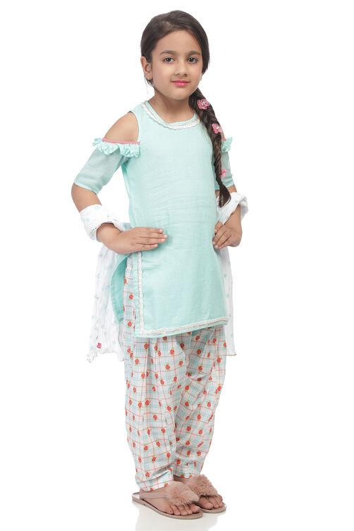 Turquoise Straight Cotton Kurta Salwar Suit Set image number 2