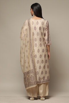 Off White Chanderi Hand Block Print Unstitched Suit Set image number 6