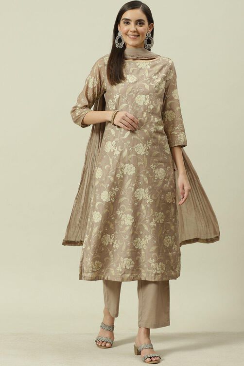 Light Brown Printed Straight Kurta Regular Pants Suit Set image number 0