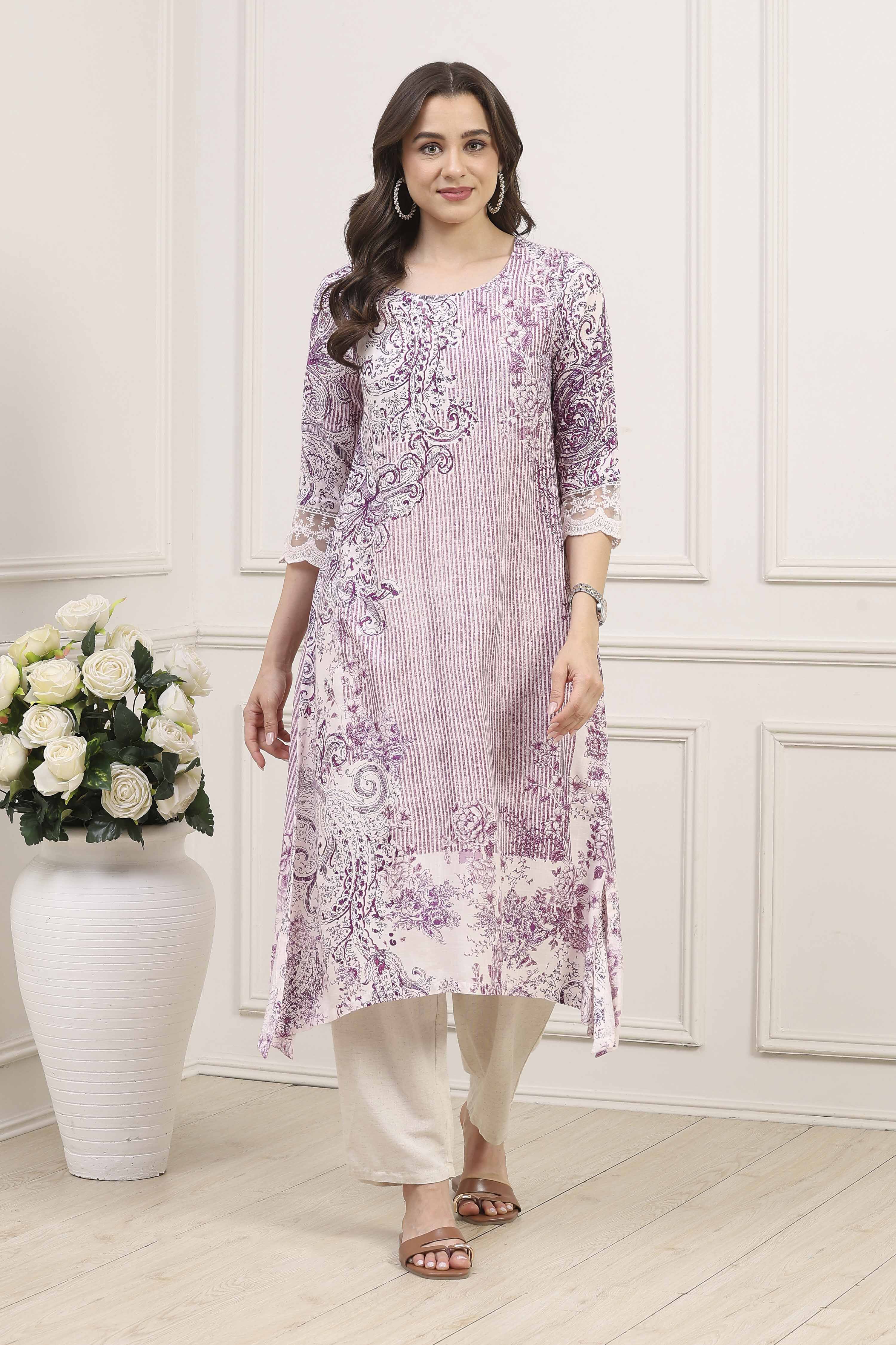 Purple Viscose Rayon Printed Straight Kurta image number 0