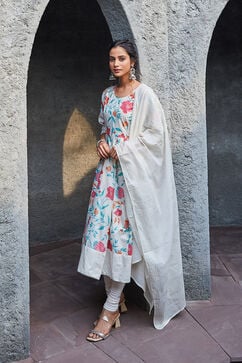 Off White Cotton Anarkali Suit Set image number 3