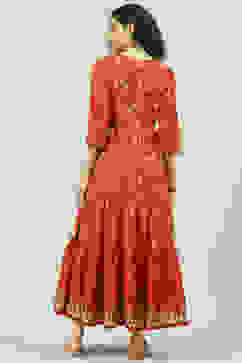 Rust Cotton Flared Fusion Printed Dress image number 4
