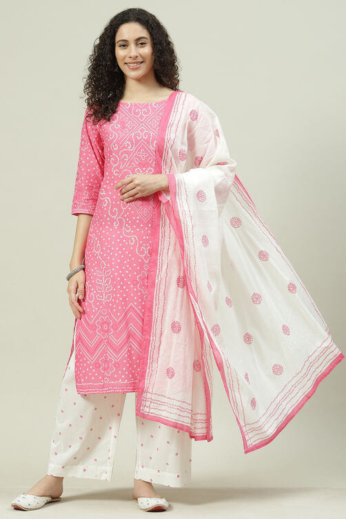 Pink Printed Cotton Straight Kurta Palazzo Suit Set image number 0