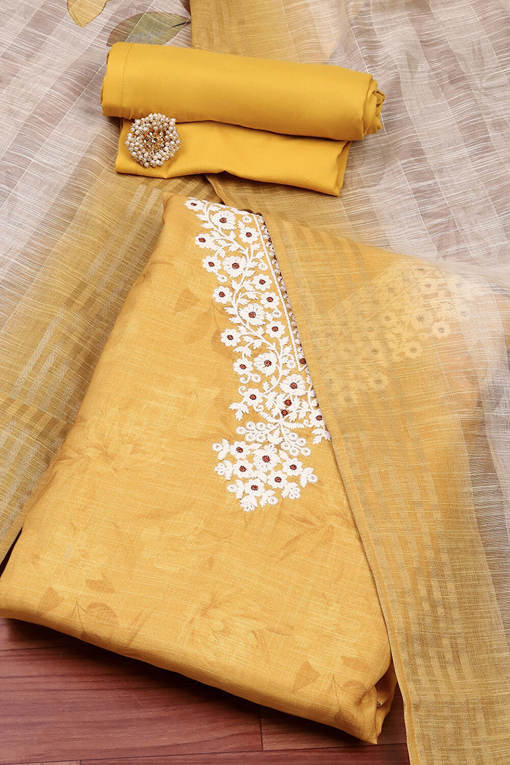 Mustard Linen Blend Digital Print Unstitched Suit Set image number 0