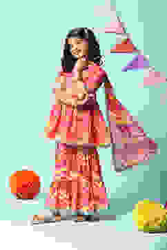 Carmine Pink Cotton Gathered Kurta Garara Suit Set image number 5