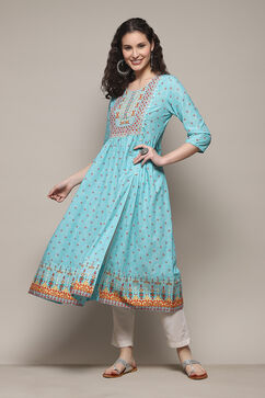 Sky Blue Cotton A-Line Printed Kurta image number 0
