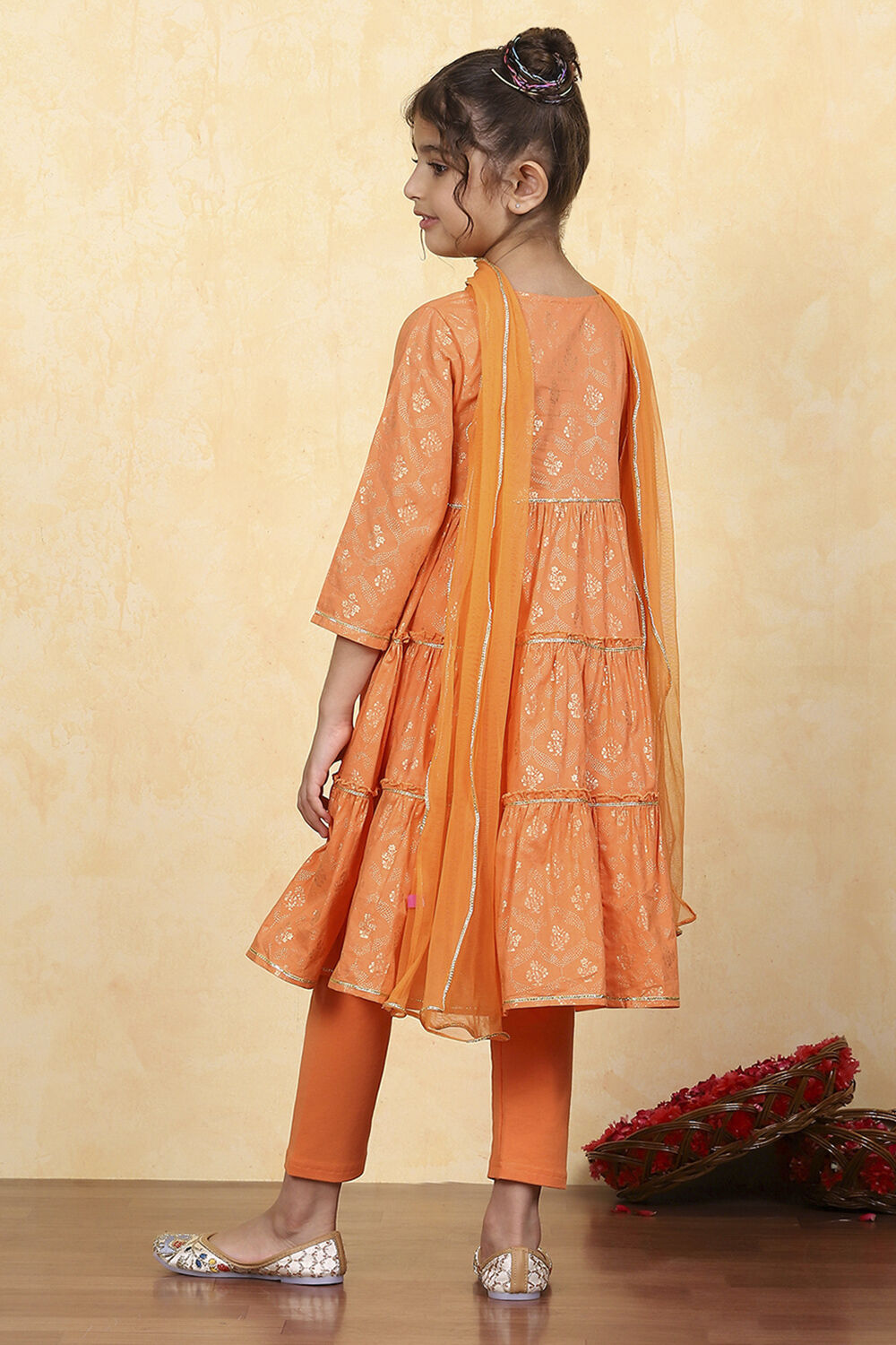 Blue Cotton Tiered Printed Kurta Churidar Set image number 4