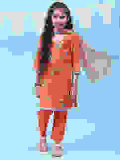 Orange Art Silk Straight Kurta Regular Pants Suit Set image number 0