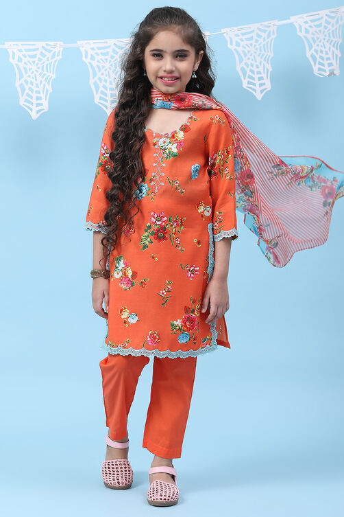 Orange Art Silk Straight Kurta Regular Pant Suit Set image number 0