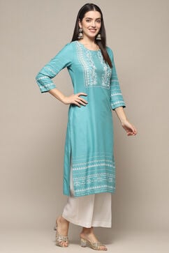 Turquoise Rayon flax Relaxed Kurta Palazzo Suit Set image number 5