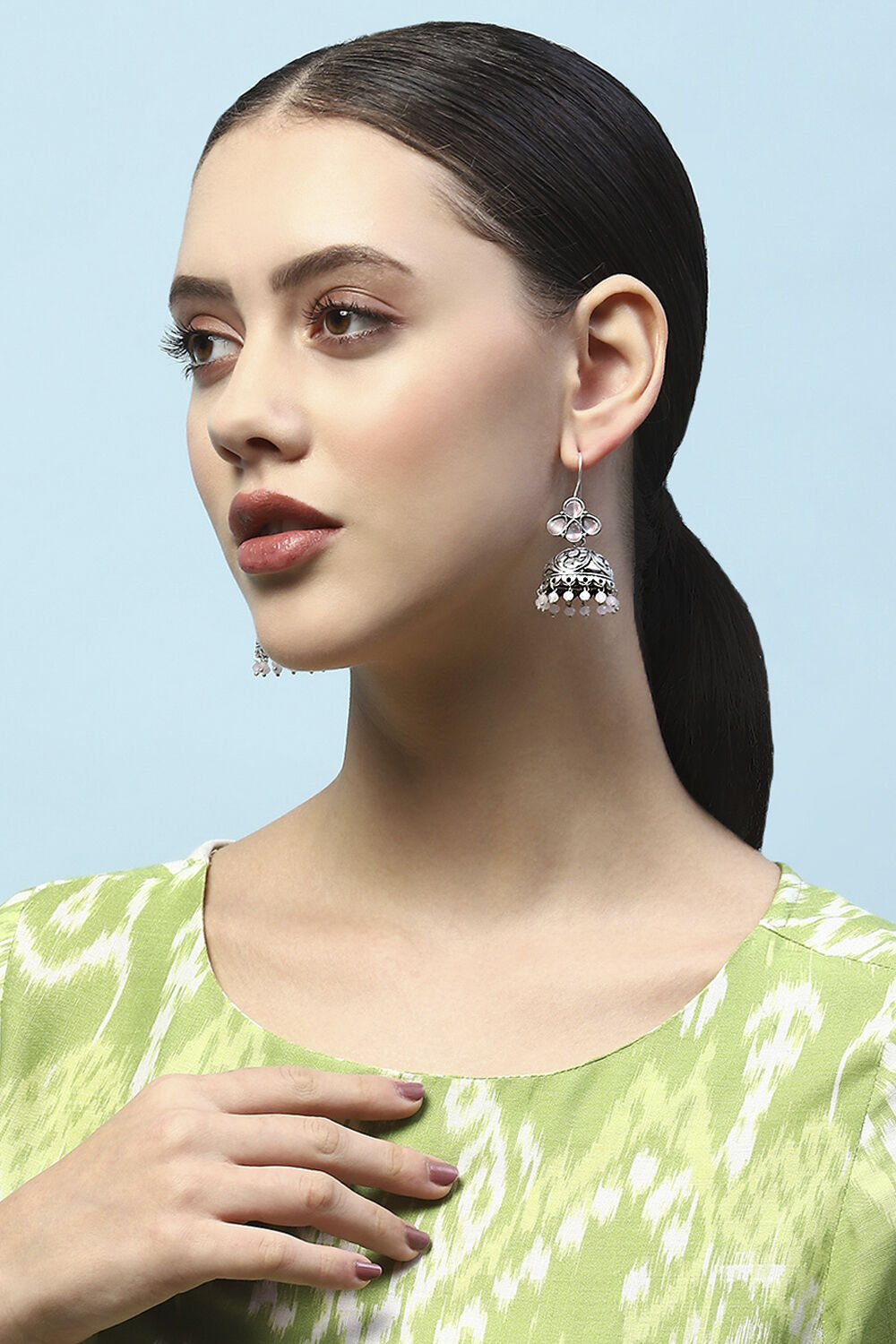 Light Pink Oxidised Stone Studded Jhumkas image number 1