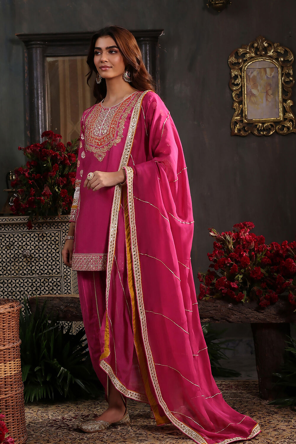 Earthy Blue Chanderi Jacquard Dori Embroidery Straight Suit Set image number 2