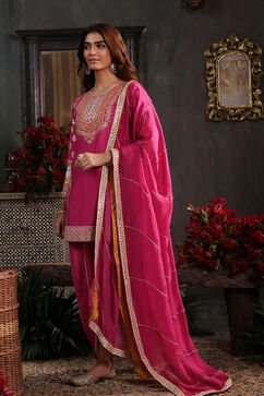 Pink Chanderi Jacquard Dori Embroidery Straight Suit Set image number 2