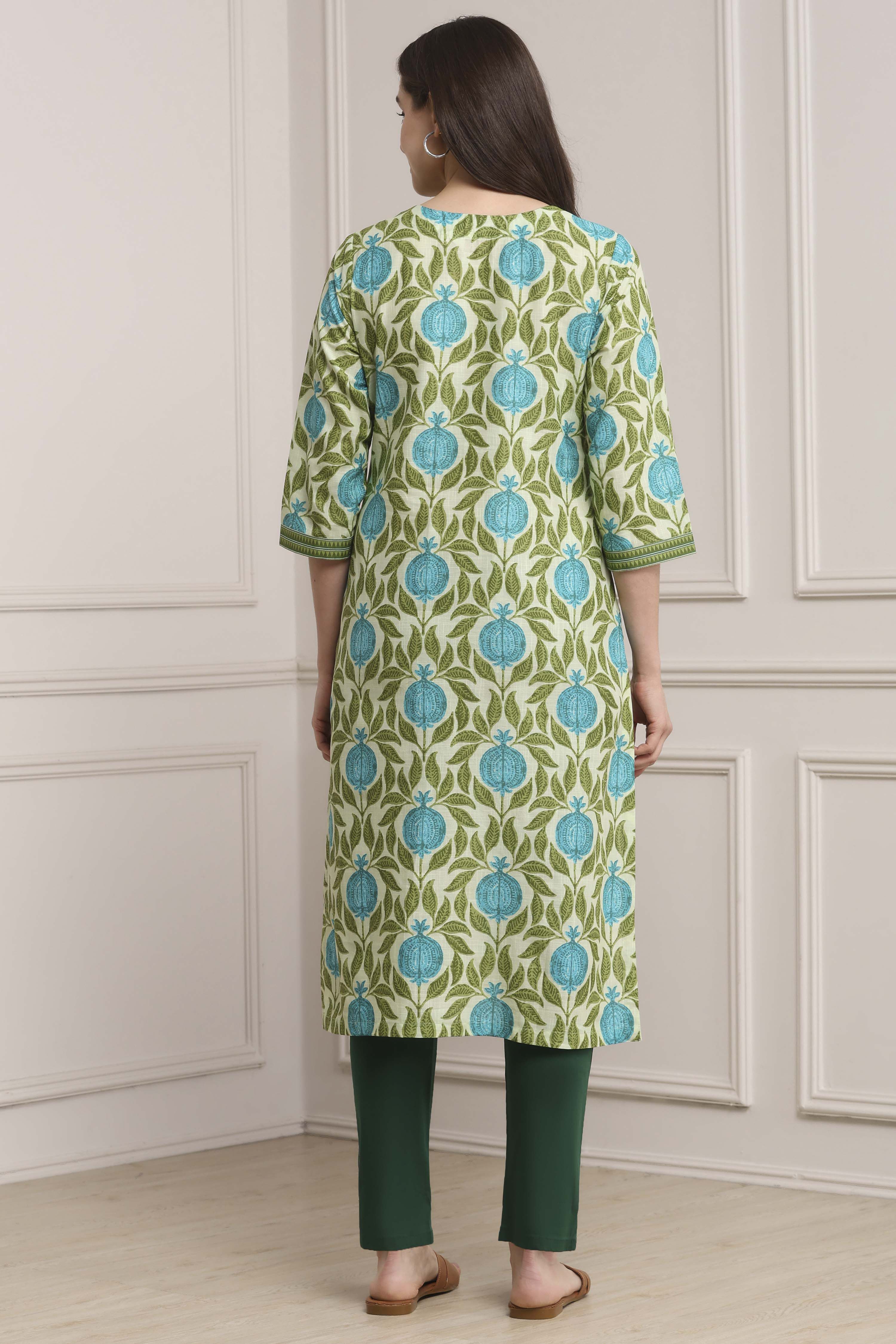 Cream-Colored Cotton Printed Straight Kurta image number 3