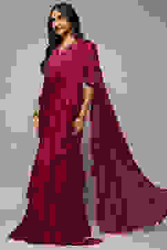 Berry Pre-Draped Nylon Saree With A Stitched Blouse image number 3