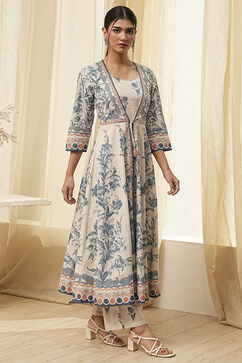 Beige and Blue Printed Front Open Kurta Set image number 5
