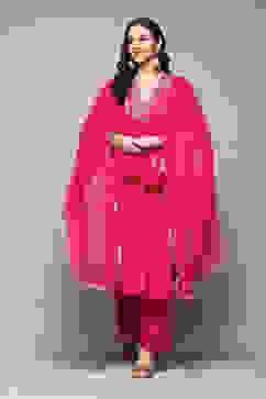 Fuchsia LIVA Gathered Kurta Palazzo Suit Set image number 7