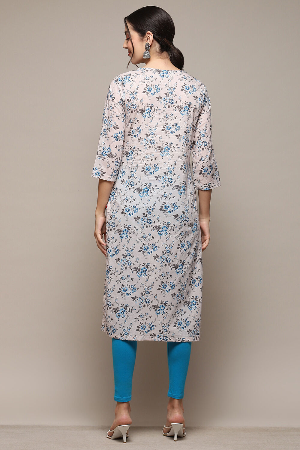Cream Cotton Blend Floral Printed Straight Kurta image number 3
