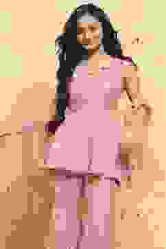 Peach Polyester Embroidered Straight Sharara Suit Set image number 7