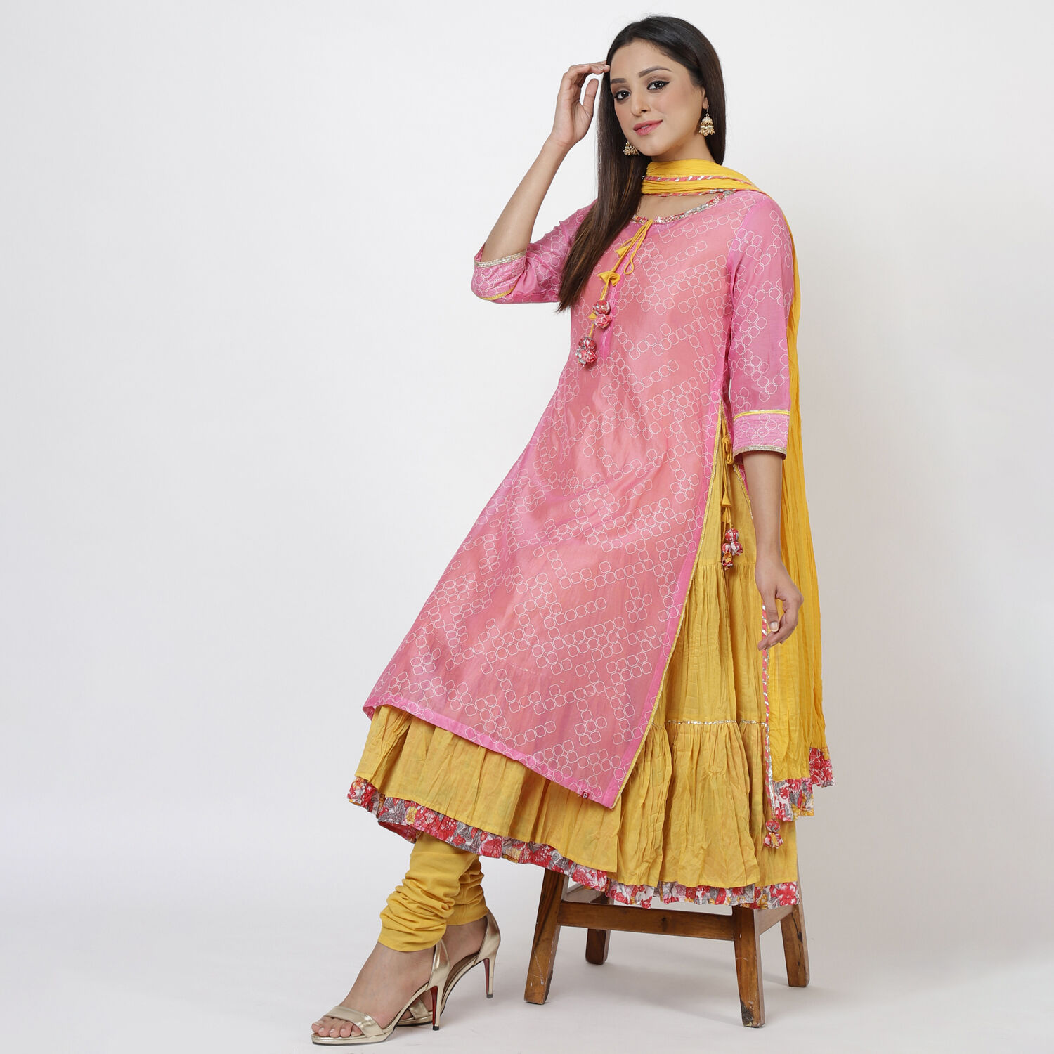 Buy Pink Cotton A Line Kurta Churidar Suit Set Kurta Inner
