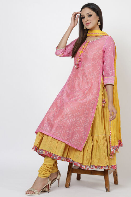 Pink Cotton A-Line Kurta Churidar Suit Set image number 0