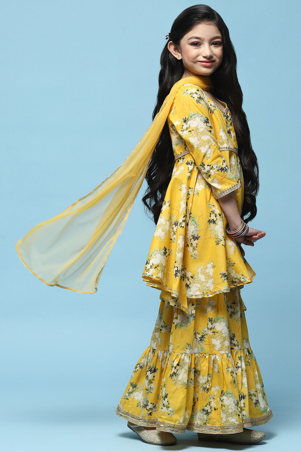 Yellow Floral Cotton Peplum Kurta Garara & Net Dupatta image number 6