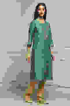 Green Art Silk Printed Straight Kurta image number 4